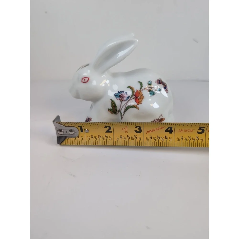 Trina Ceramic Bunny Cotton Ball Dispenser, Glazed W/Butterflies & Flowers Vintag
